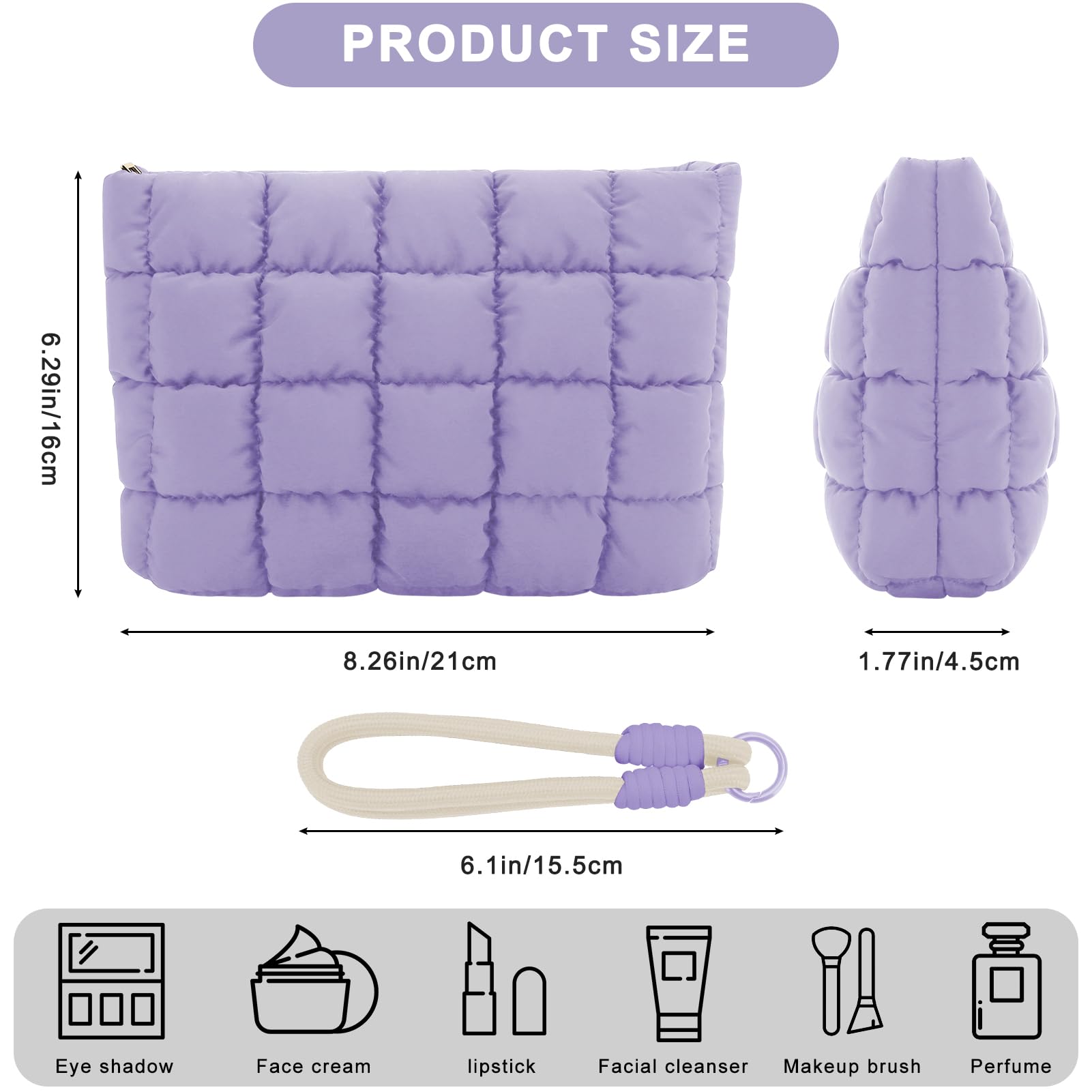 DOB SECHS Puffer Quilted Makeup Bag with Handle – Purple Checkered Cosmetic Pouch