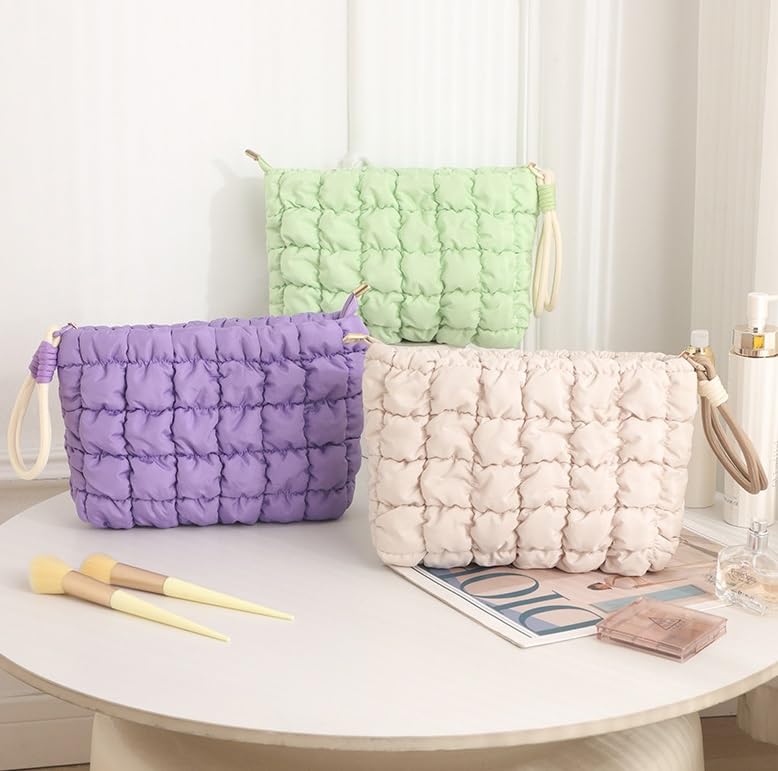 DOB SECHS Puffer Quilted Makeup Bag with Handle – Purple Checkered Cosmetic Pouch