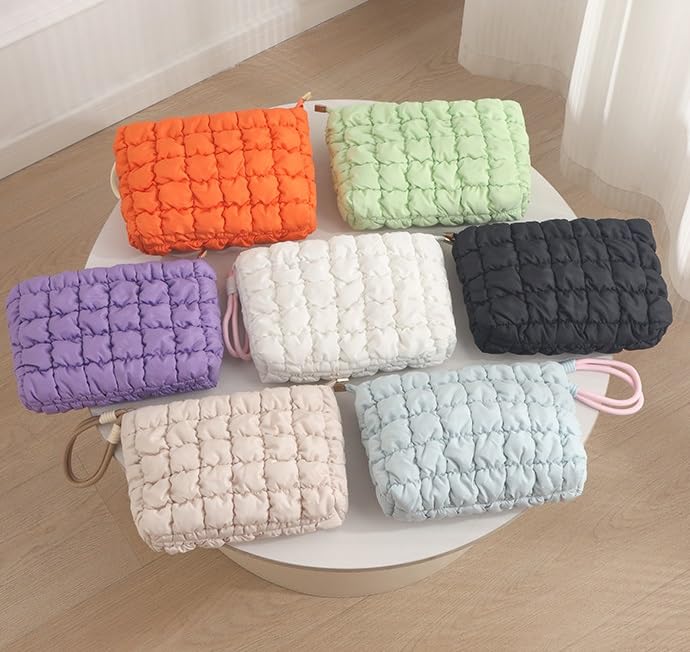 DOB SECHS Puffer Quilted Makeup Bag with Handle – Purple Checkered Cosmetic Pouch