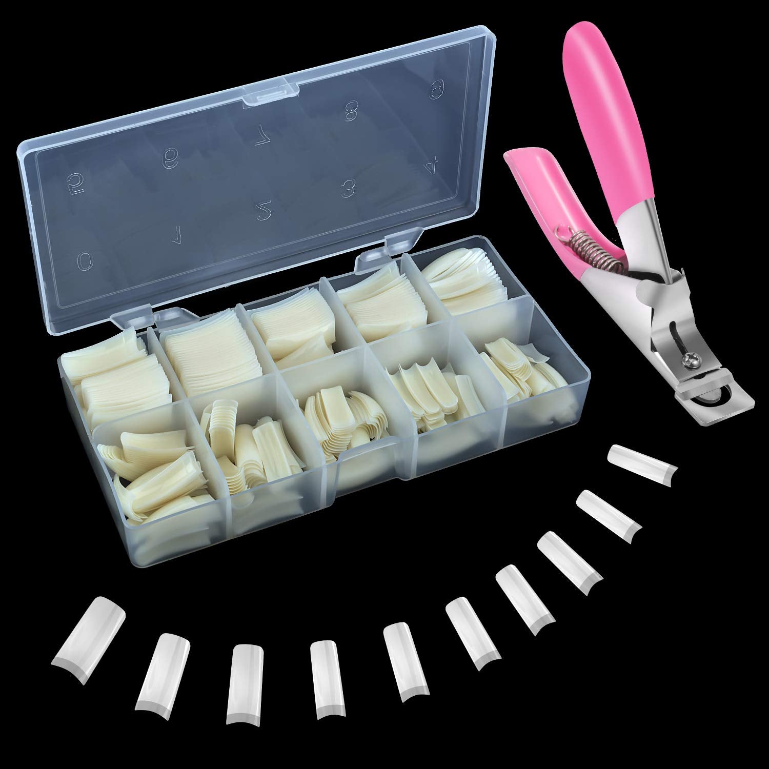 Dockapa Acrylic Nail Tips 500pcs – Coffin French Natural False Nails with Nail Clipper & Storage Case (10 Sizes)