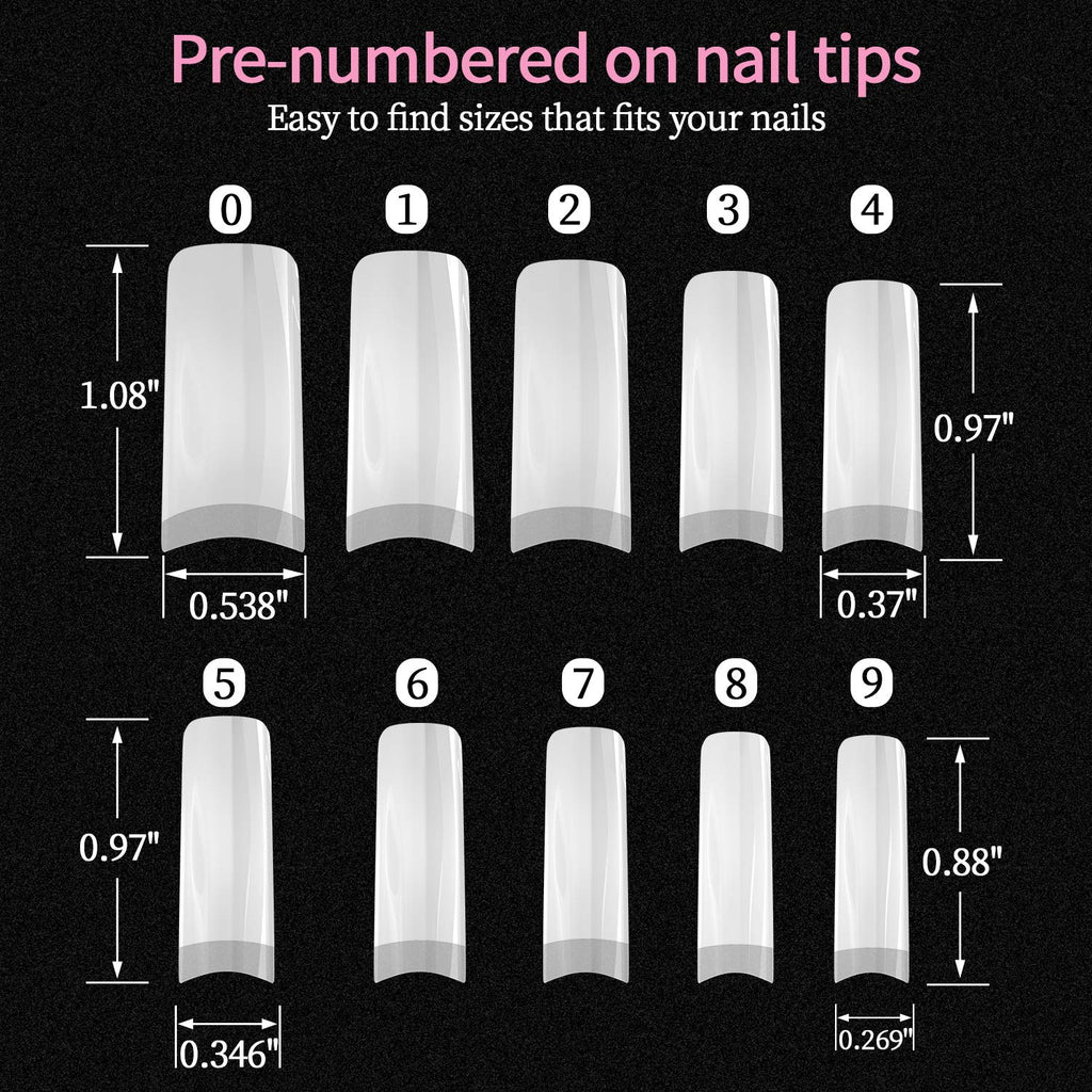 Dockapa Acrylic Nail Tips 500pcs – Coffin French Natural False Nails with Nail Clipper & Storage Case (10 Sizes)