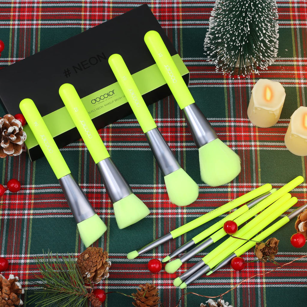 Docolor 10Pcs Neon Green Makeup Brush Set – Premium Synthetic Face & Eye Brush Kit