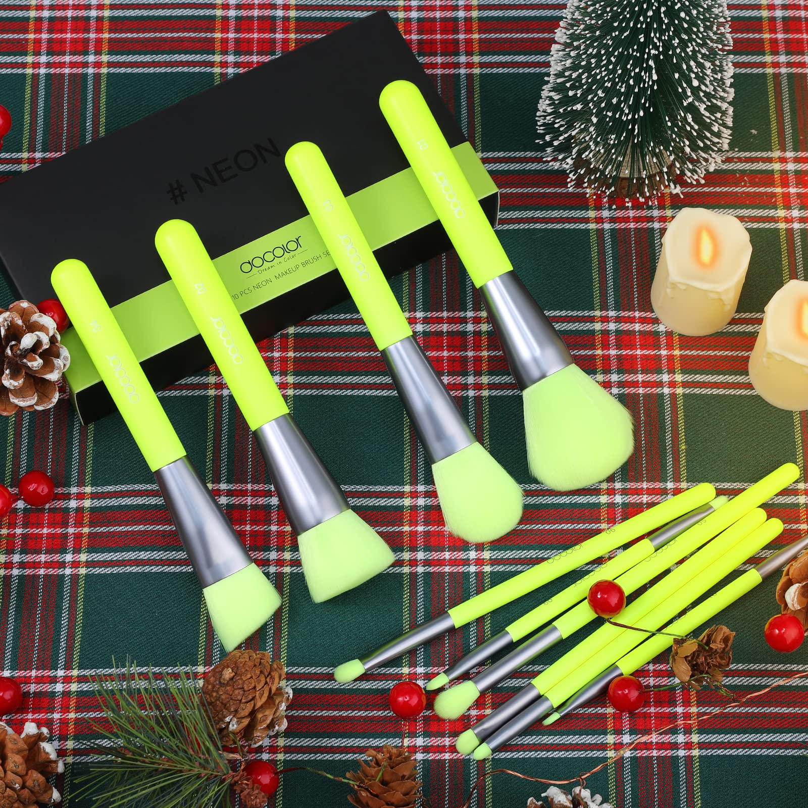 Docolor 10Pcs Neon Green Makeup Brush Set – Premium Synthetic Face & Eye Brush Kit