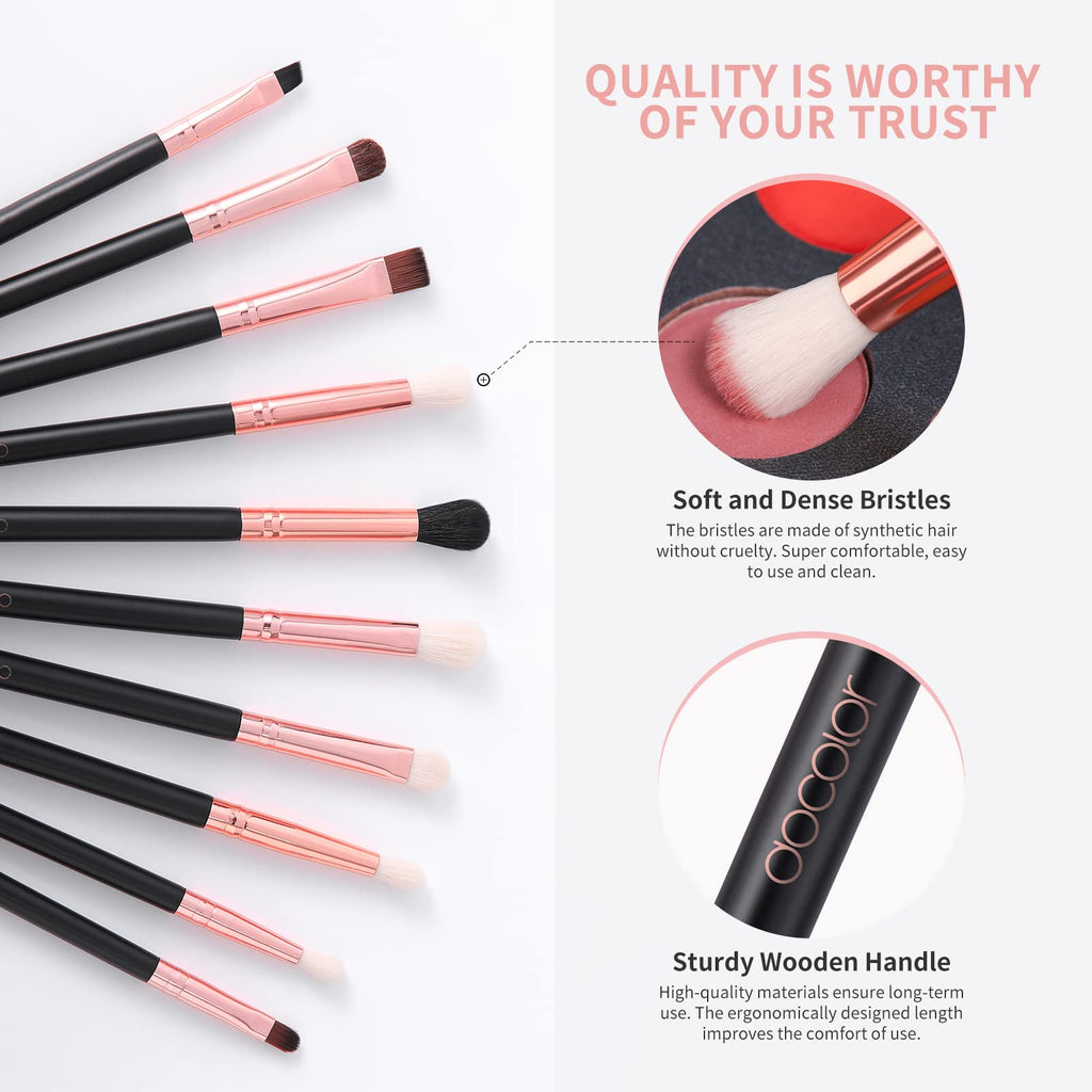 Docolor 10-Piece Eyeshadow Brush Set – Rose Gold & Black, Wooden Handles | Pro Eye Makeup Kit
