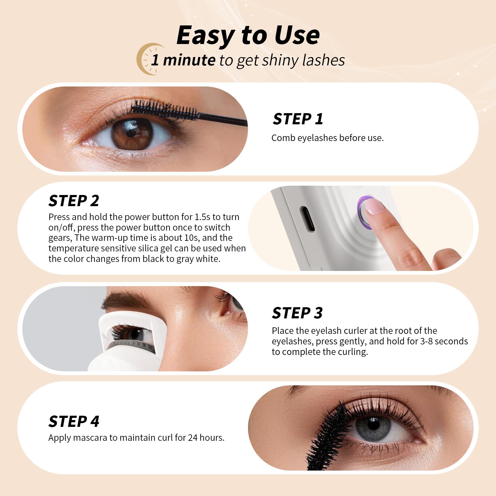 docolor Heated Eyelash Curler — Quick 10s Heat, 3 Temperature Modes, USB-C Rechargeable