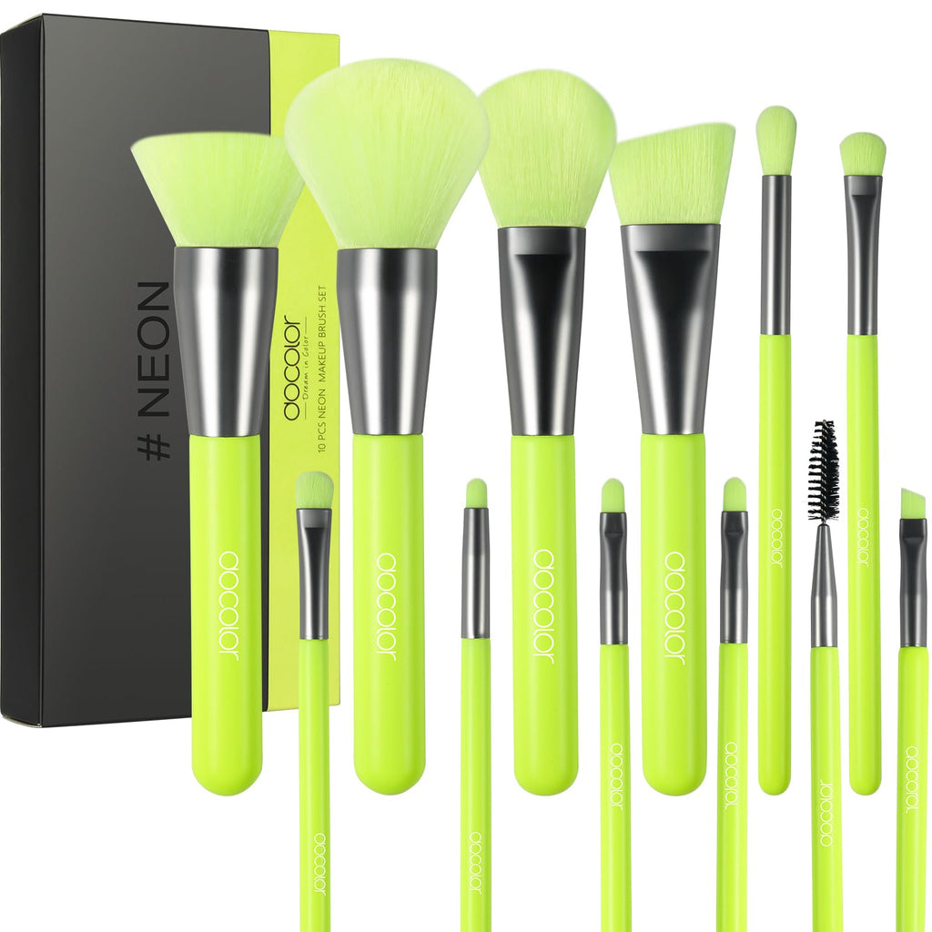Docolor 10Pcs Neon Green Makeup Brush Set – Premium Synthetic Face & Eye Brush Kit