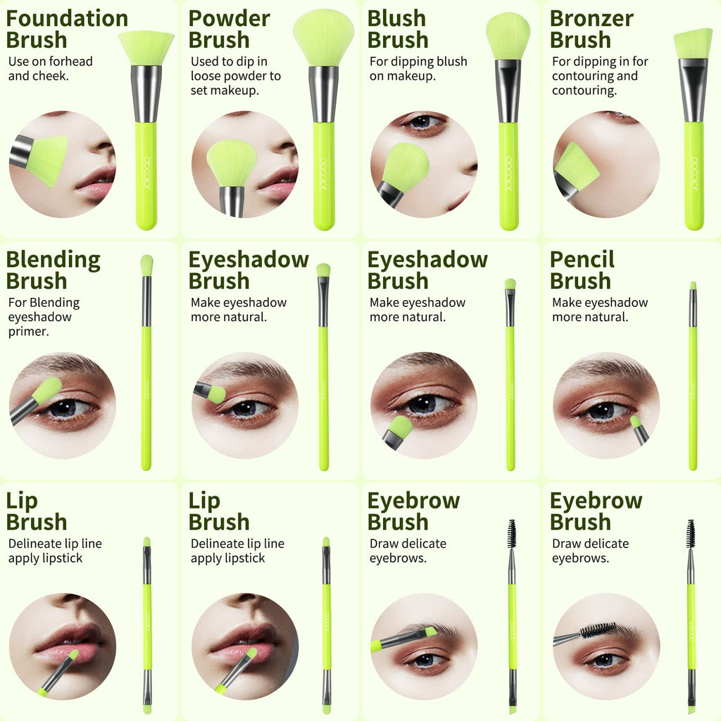 Docolor 10Pcs Neon Green Makeup Brush Set – Premium Synthetic Face & Eye Brush Kit