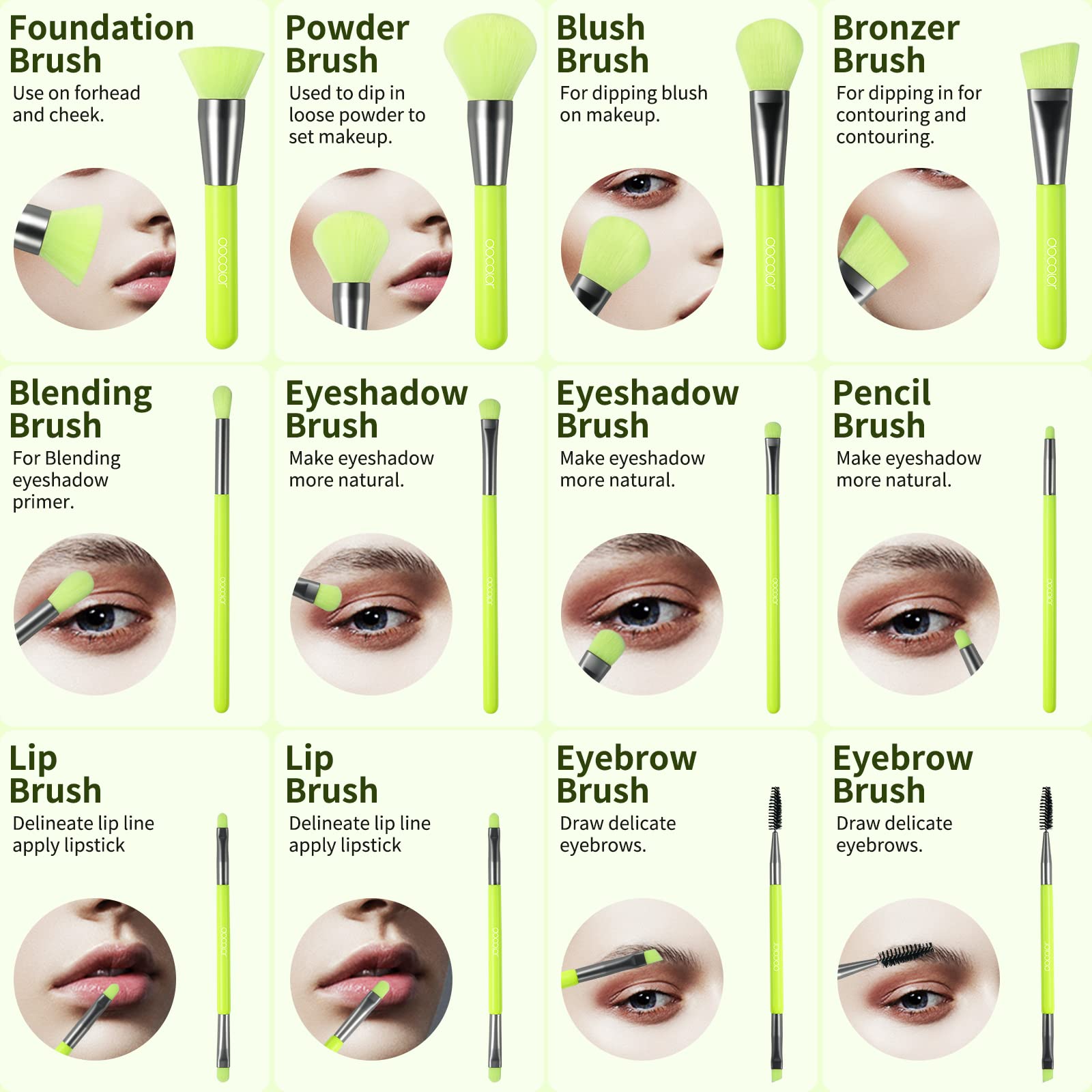Docolor 10Pcs Neon Green Makeup Brush Set – Premium Synthetic Face & Eye Brush Kit