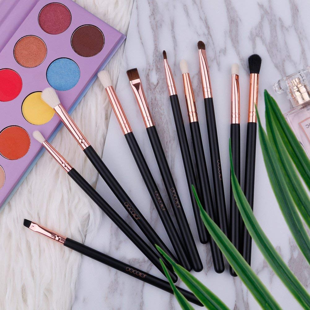 Docolor 10-Piece Eyeshadow Brush Set – Rose Gold & Black, Wooden Handles | Pro Eye Makeup Kit