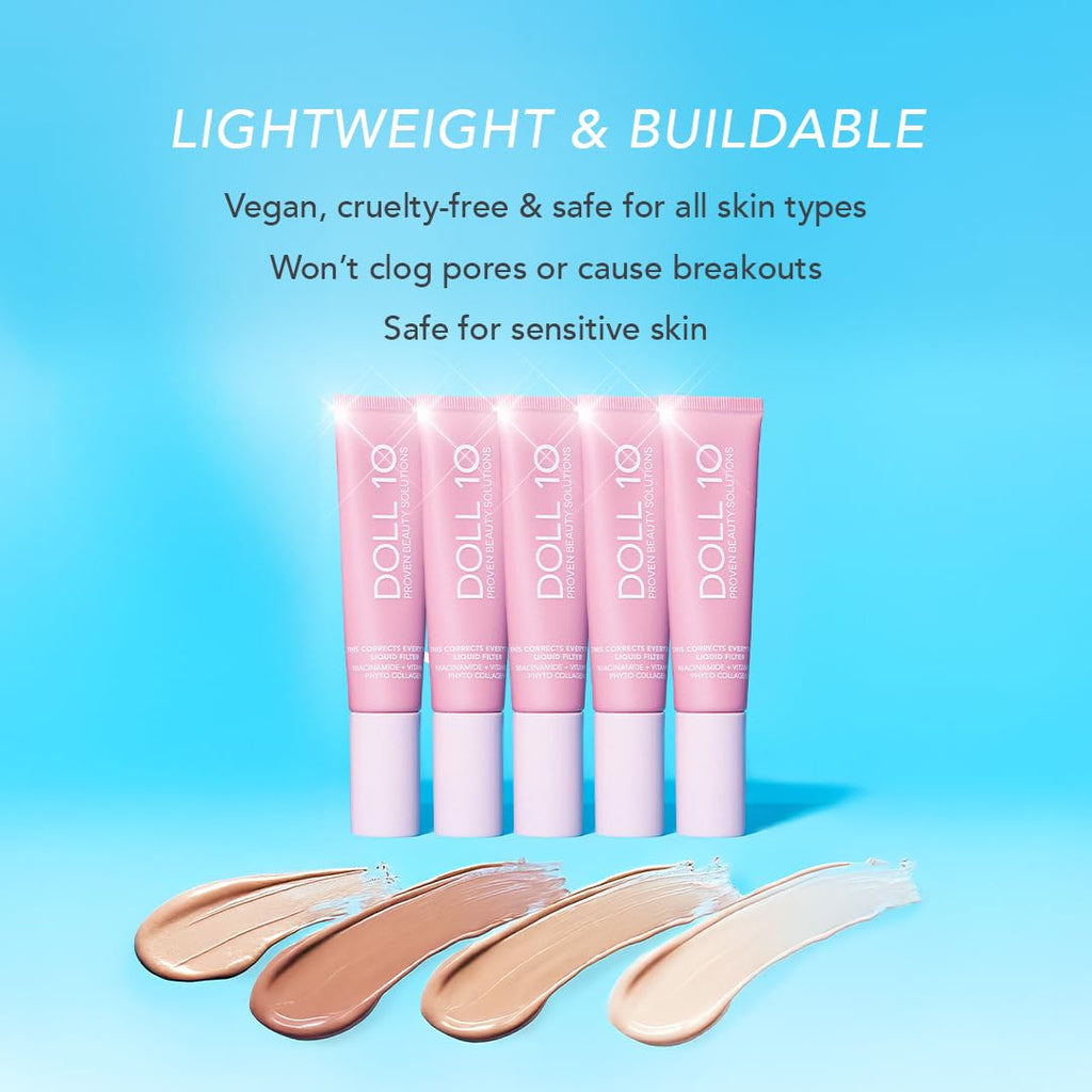 Doll 10 NO TCE Liquid Filter – Deep/Rich CC Cream & Skin Tint, Lightweight Foundation, Pore Blur, Vegan Clean Makeup, 30 Day Supply