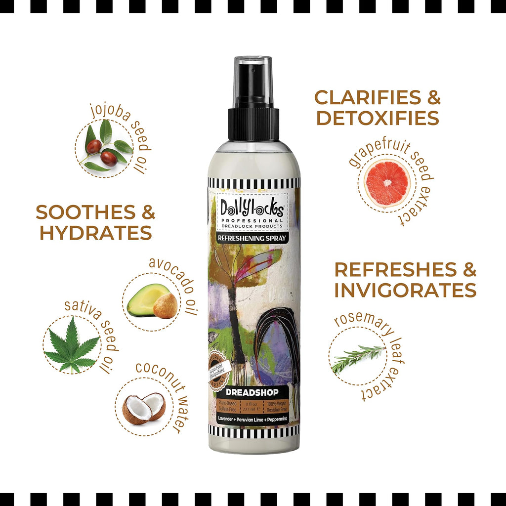 Dollylocks Refreshening Spray for Locs, Braids & Extensions — Lavender Lime Peppermint (8 oz) | Plant-based, Residue-free, Sulfate-free