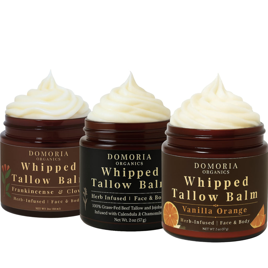 Domoria Organics 3-Pack Grass-Fed Tallow Balm Gift Set – Unscented, Frankincense & Clove, Vanilla Orange