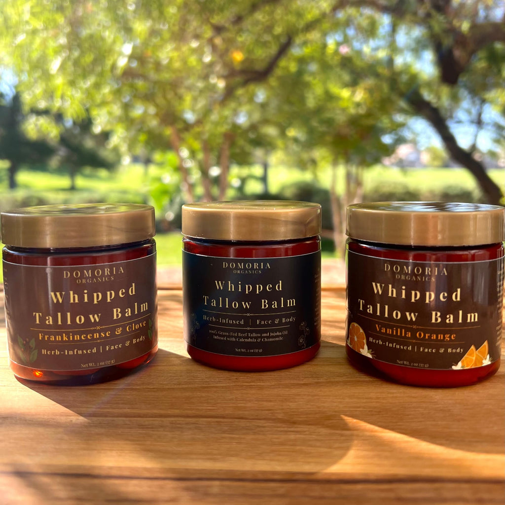 Domoria Organics 3-Pack Grass-Fed Tallow Balm Gift Set – Unscented, Frankincense & Clove, Vanilla Orange