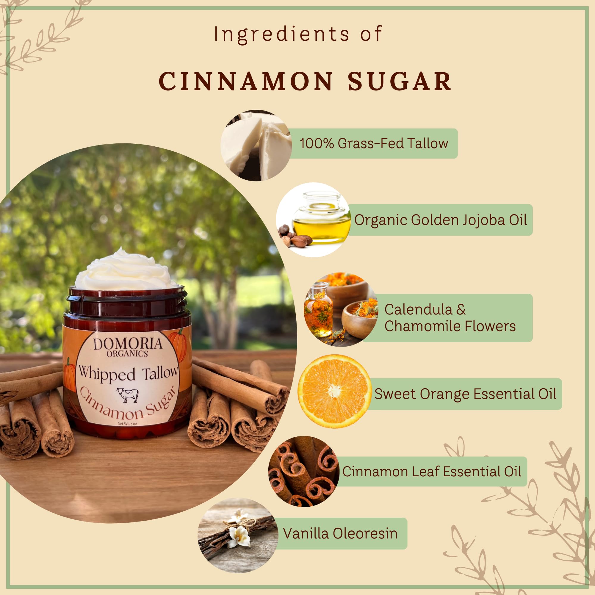 Domoria Organics 100% Grass-Fed Tallow Balm – Holiday Edition Cinnamon Sugar | Rich, Herb-Infused Moisturizer