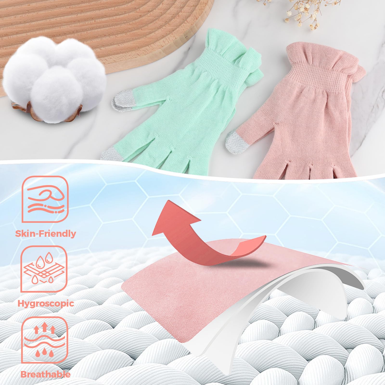 Donfri 6 Pairs Cotton Moisturizing Gloves – Overnight Hand Care, Touchscreen Compatible, Small Pink