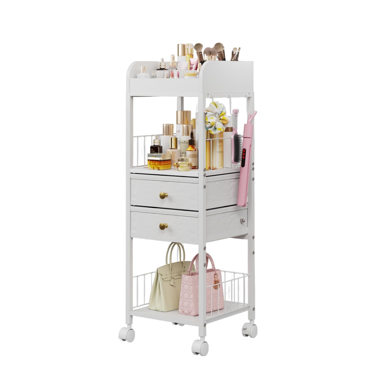 DongRong Floor Makeup Organizer with Lockable Wheels | 2-Drawer Rolling Vanity Cart