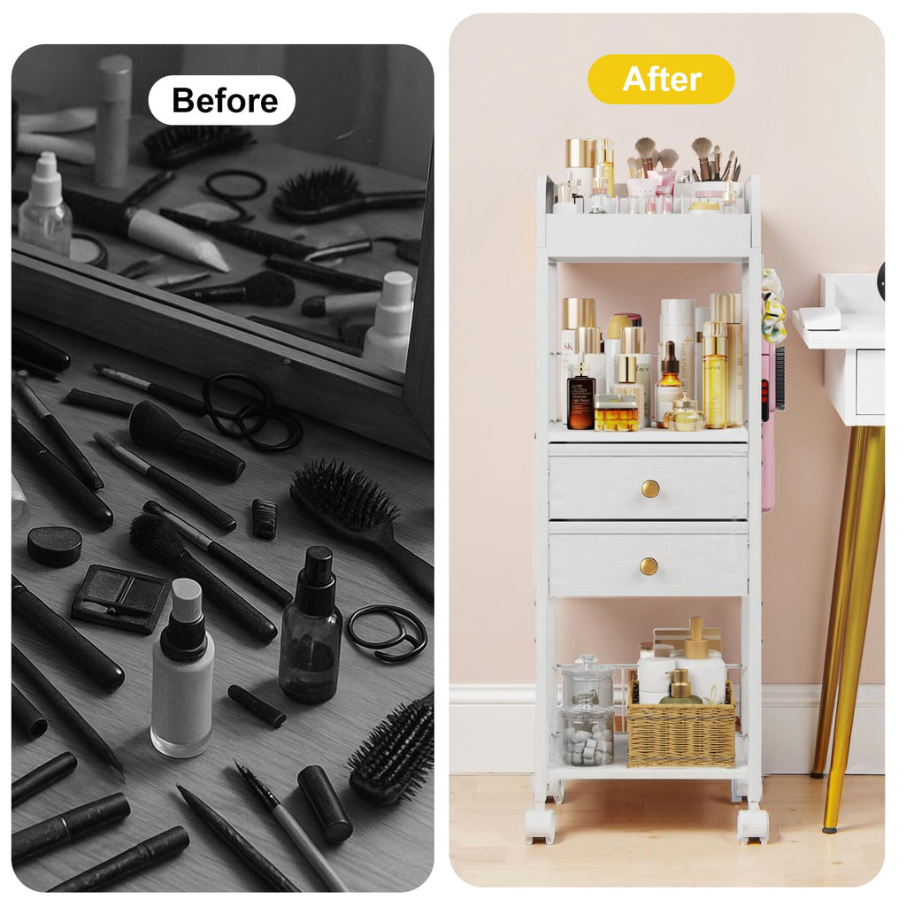 DongRong Floor Makeup Organizer with Lockable Wheels | 2-Drawer Rolling Vanity Cart