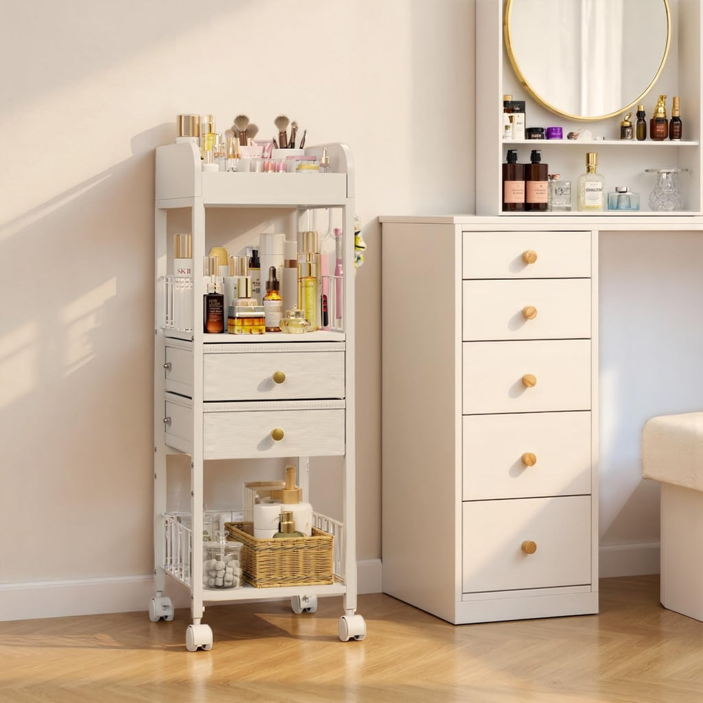 DongRong Floor Makeup Organizer with Lockable Wheels | 2-Drawer Rolling Vanity Cart