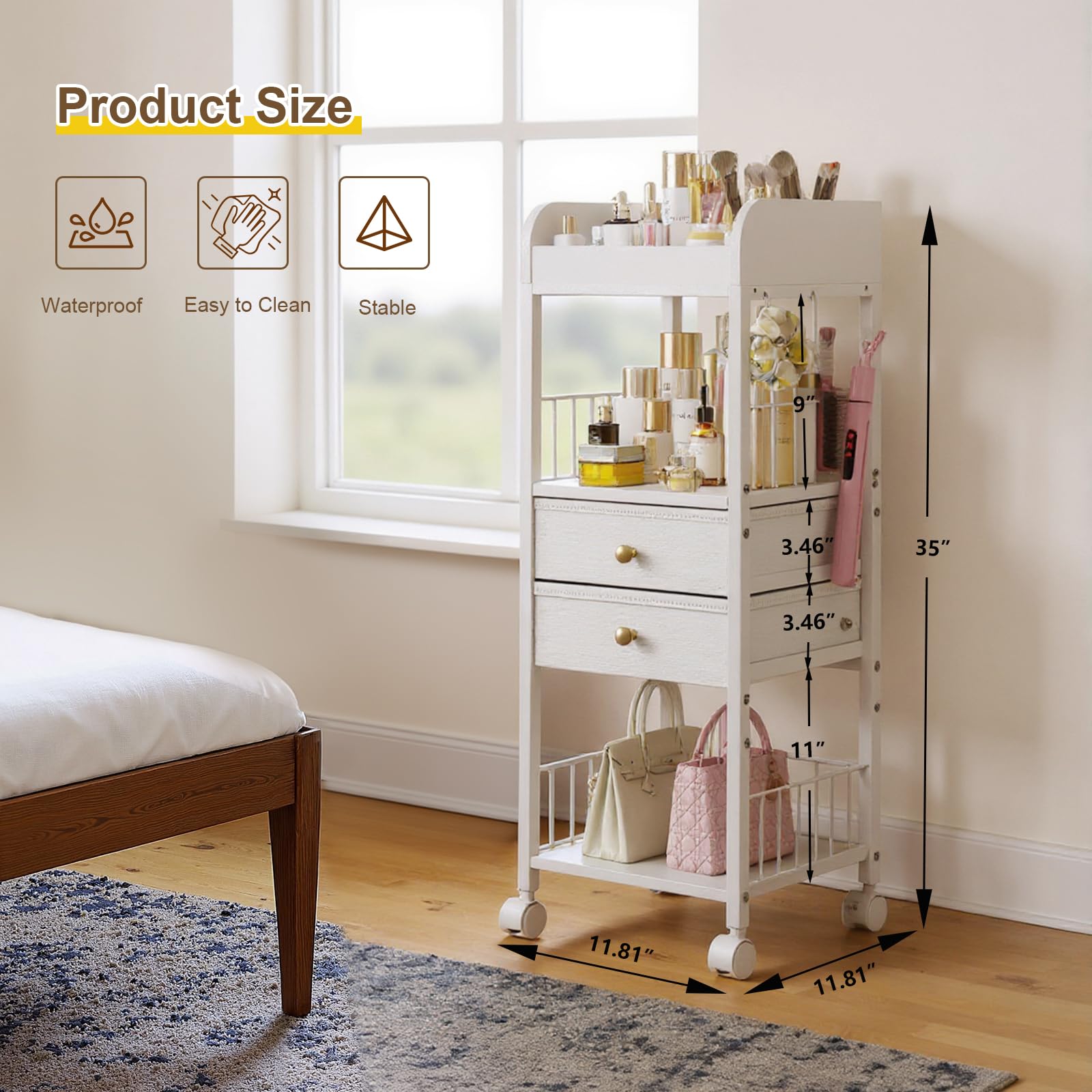 DongRong Floor Makeup Organizer with Lockable Wheels | 2-Drawer Rolling Vanity Cart