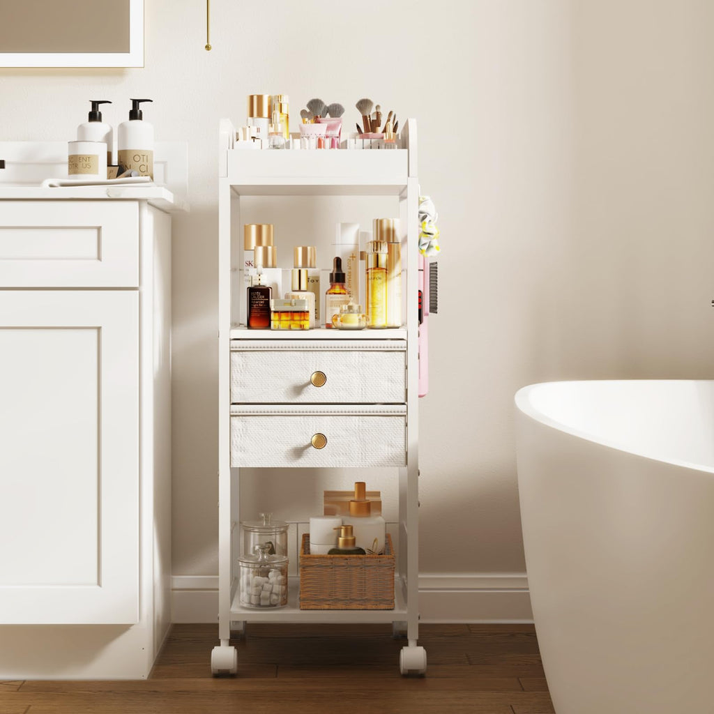 DongRong Floor Makeup Organizer with Lockable Wheels | 2-Drawer Rolling Vanity Cart