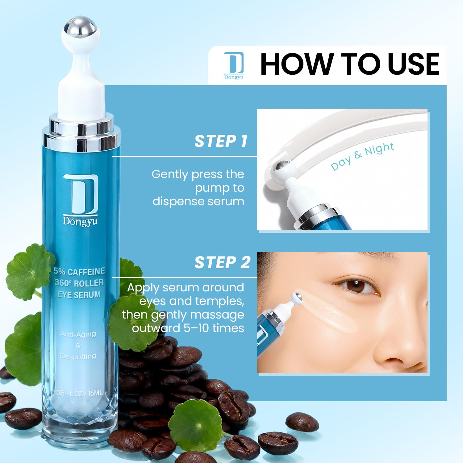 Dongyu Eye Cream for Dark Circles — Korean Caffeine Eye Serum for Morning Radiance (Blue)