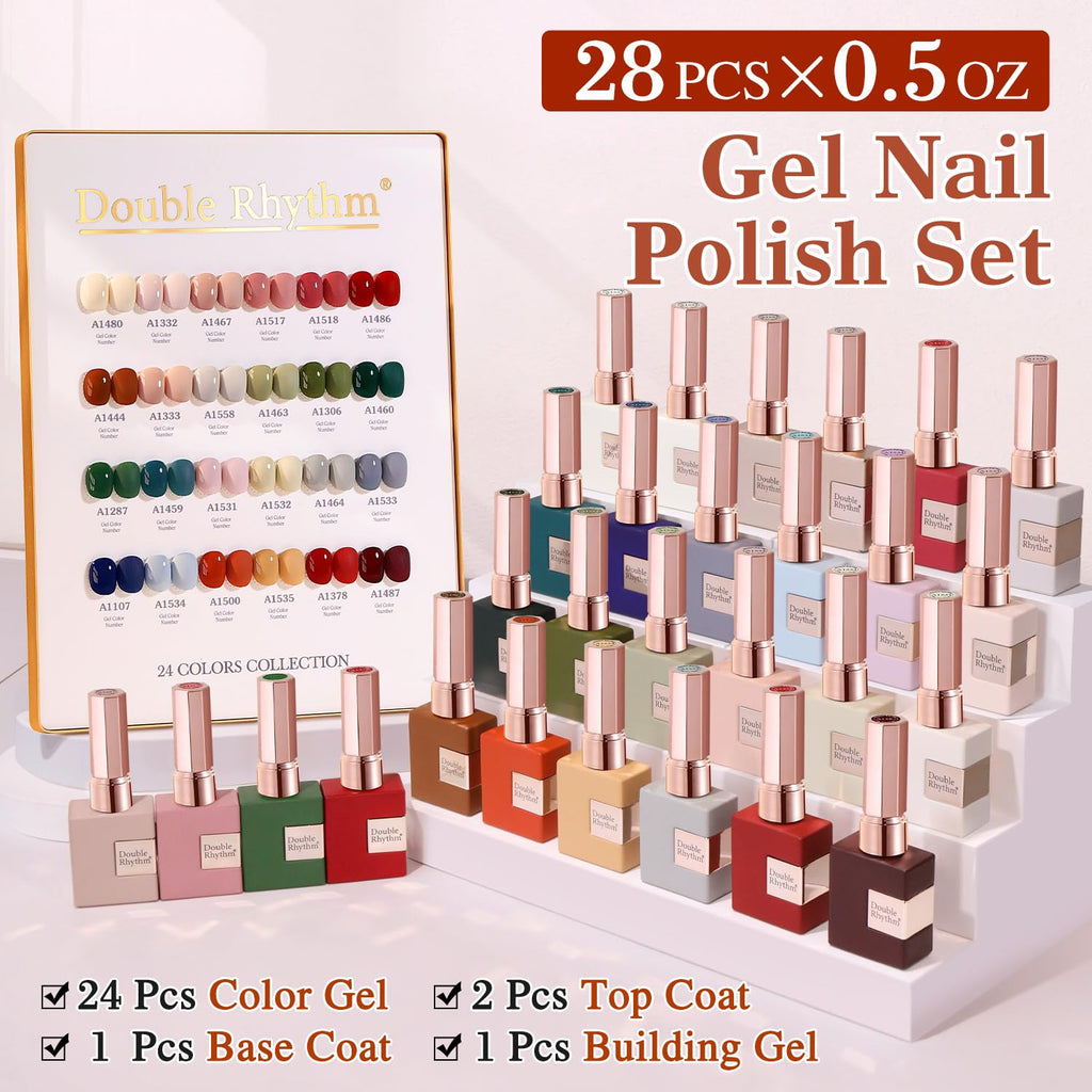 Double Rhythm 28Pcs Gel Nail Polish Set – Burgundy & Green Collection, Soak-Off Gel Polish Kit for At-Home Manicures