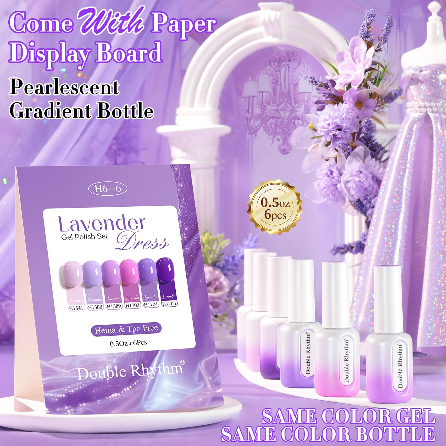 Double Rhythm 6 Pcs HEMA-Free Gel Polish Set – Soak-Off 0.5 oz, Same Color & Bottle (Lilac to Purple)