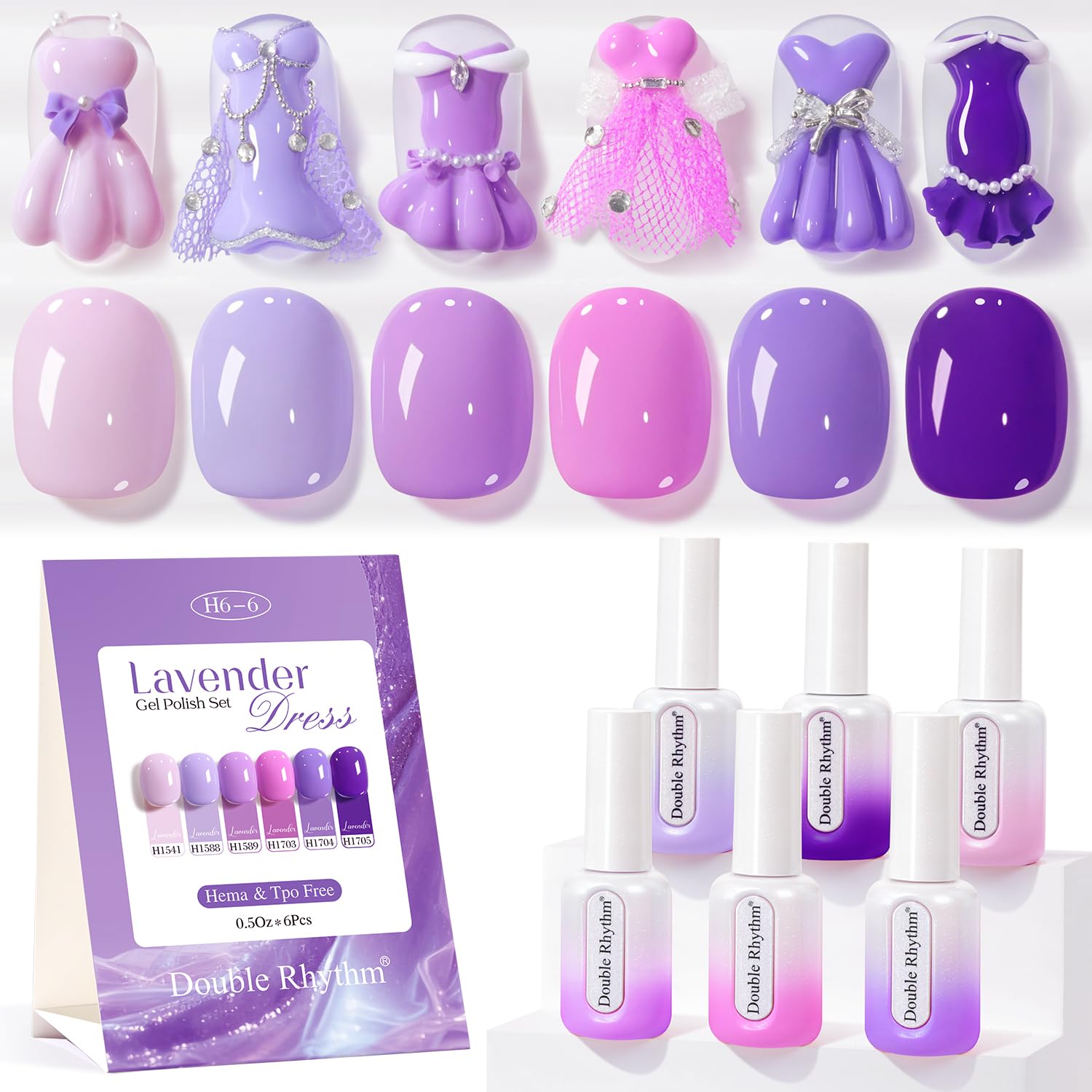 Double Rhythm 6 Pcs HEMA-Free Gel Polish Set – Soak-Off 0.5 oz, Same Color & Bottle (Lilac to Purple)