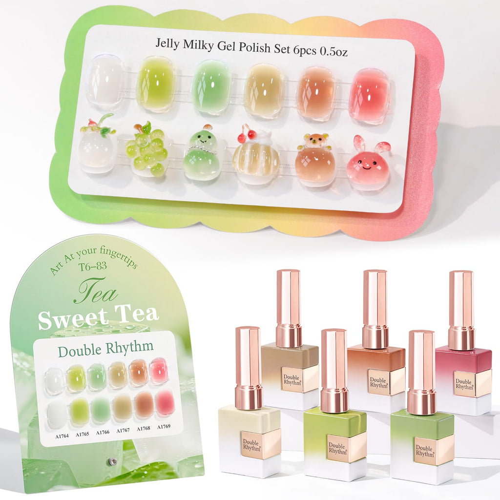 Double Rhythm 6 Pcs 15ml Gel Polish Set – Jelly White, Mint Green, Olive, Tea Brown, Rose, Red | Soak-Off Kit