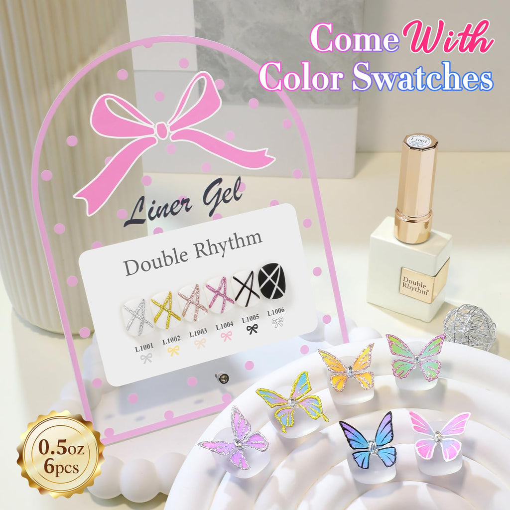 Double Rhythm 6 Pcs Gel Liner Polish Kit – 15ml Chrome Metallic Glitter Soak-Off Gel, Gold Silver Black White