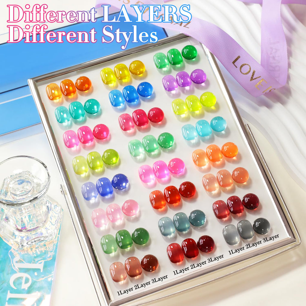 Double Rhythm 28Pcs Gel Nail Polish Set – Neon Jelly Sheer Collection, 0.5oz Bottles