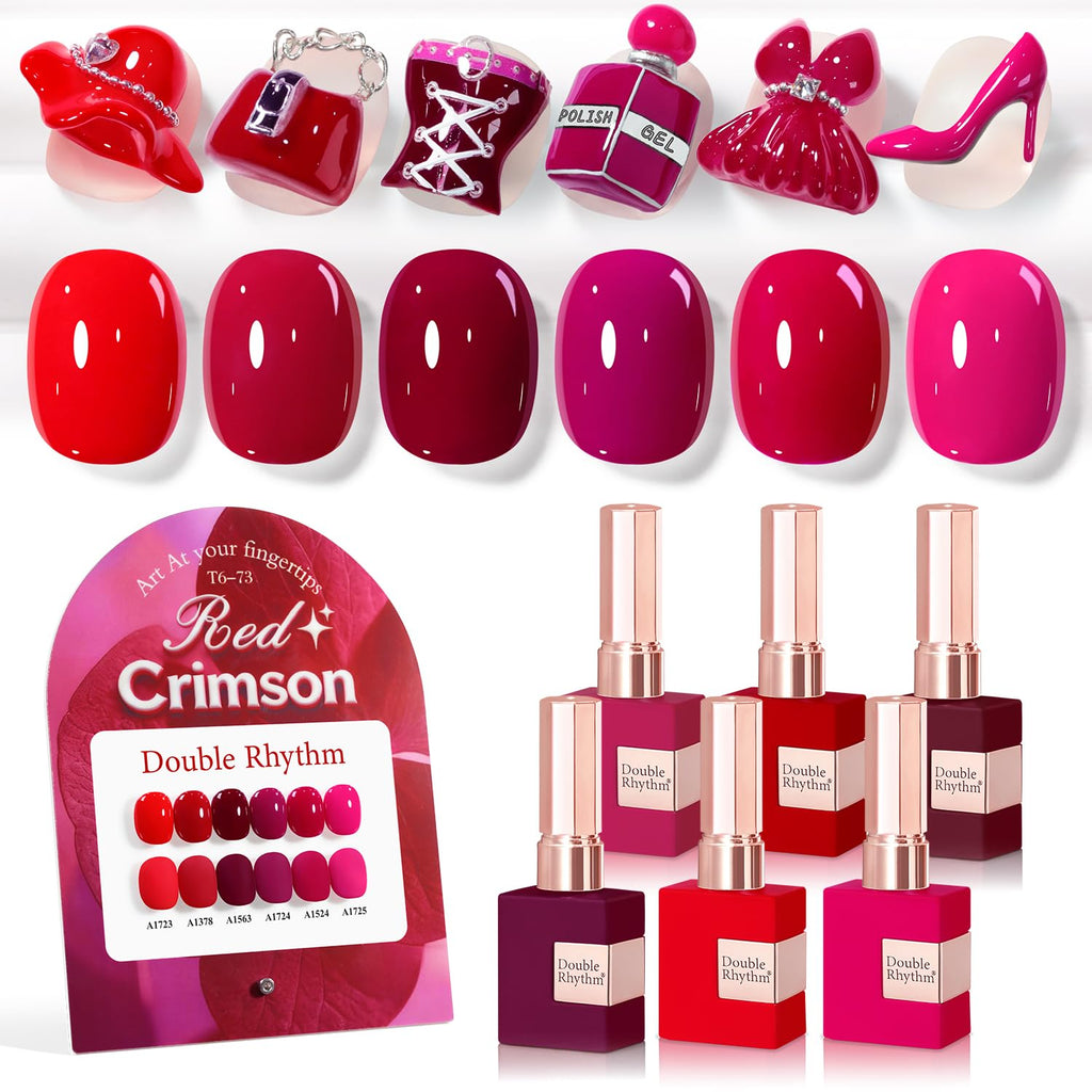 Double Rhythm 6 Pcs Gel Polish Set 15ml – Burgundy Cherry Rose Purple (T6-73) | Soak Off UV/LED Gel Nail Polish Kit