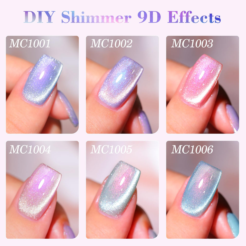 Double Rhythm Cat Eye Gel Polish Set – 6 Colors with Magnetic Holographic Finish