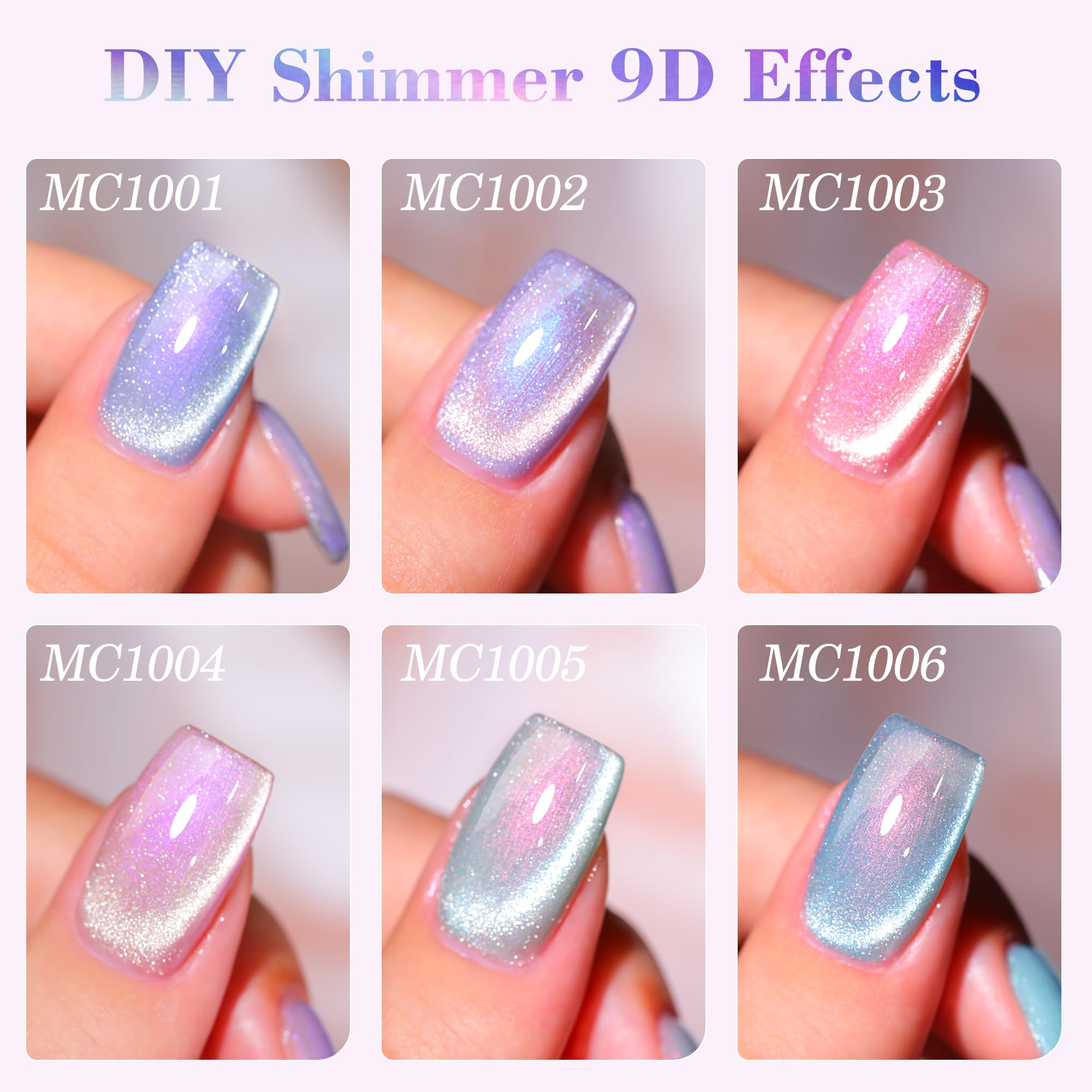 Double Rhythm Cat Eye Gel Polish Set – 6 Colors with Magnetic Holographic Finish