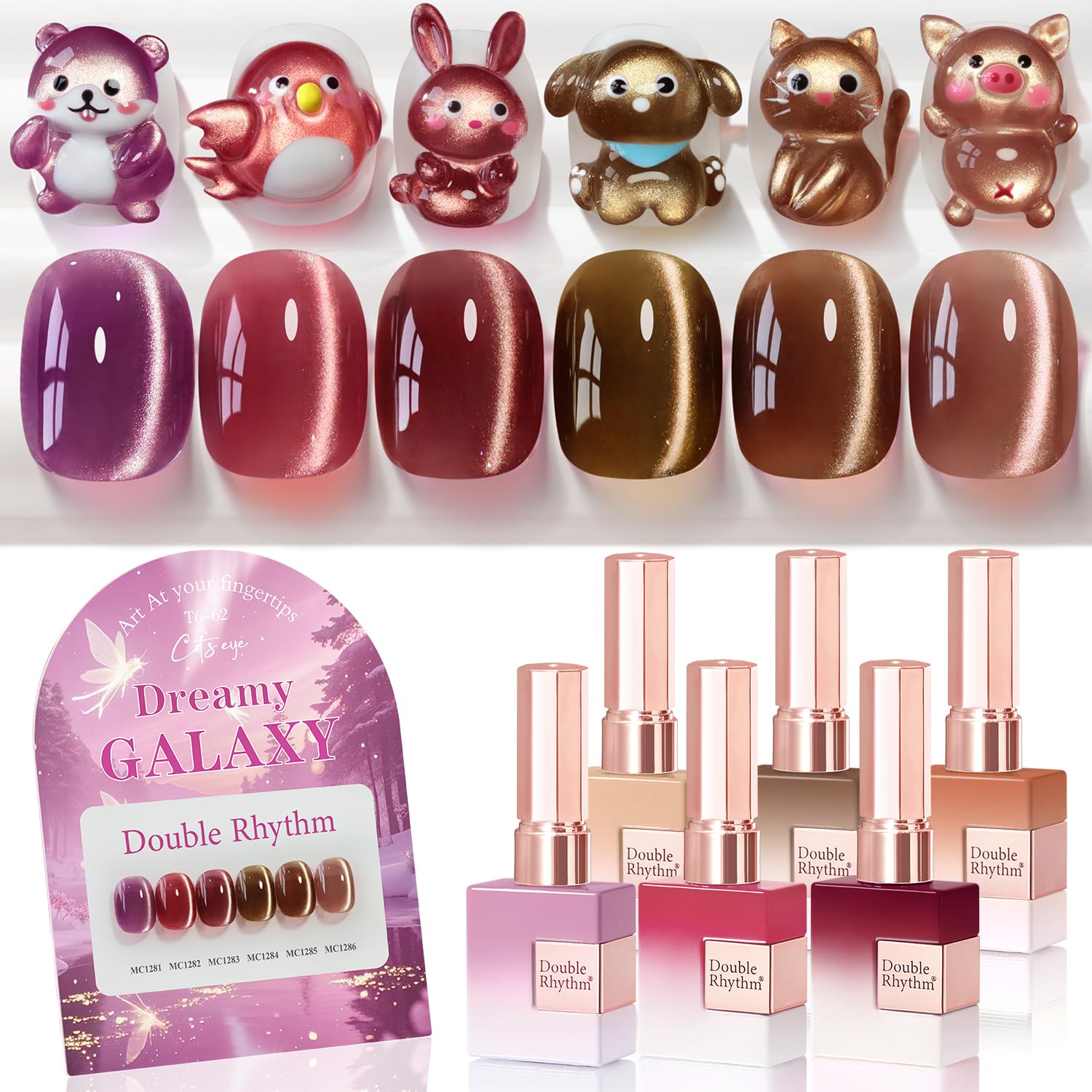 Double Rhythm Cat Eye Gel Polish Set – 6-Piece Rose Shimmer Magnetic UV Kit