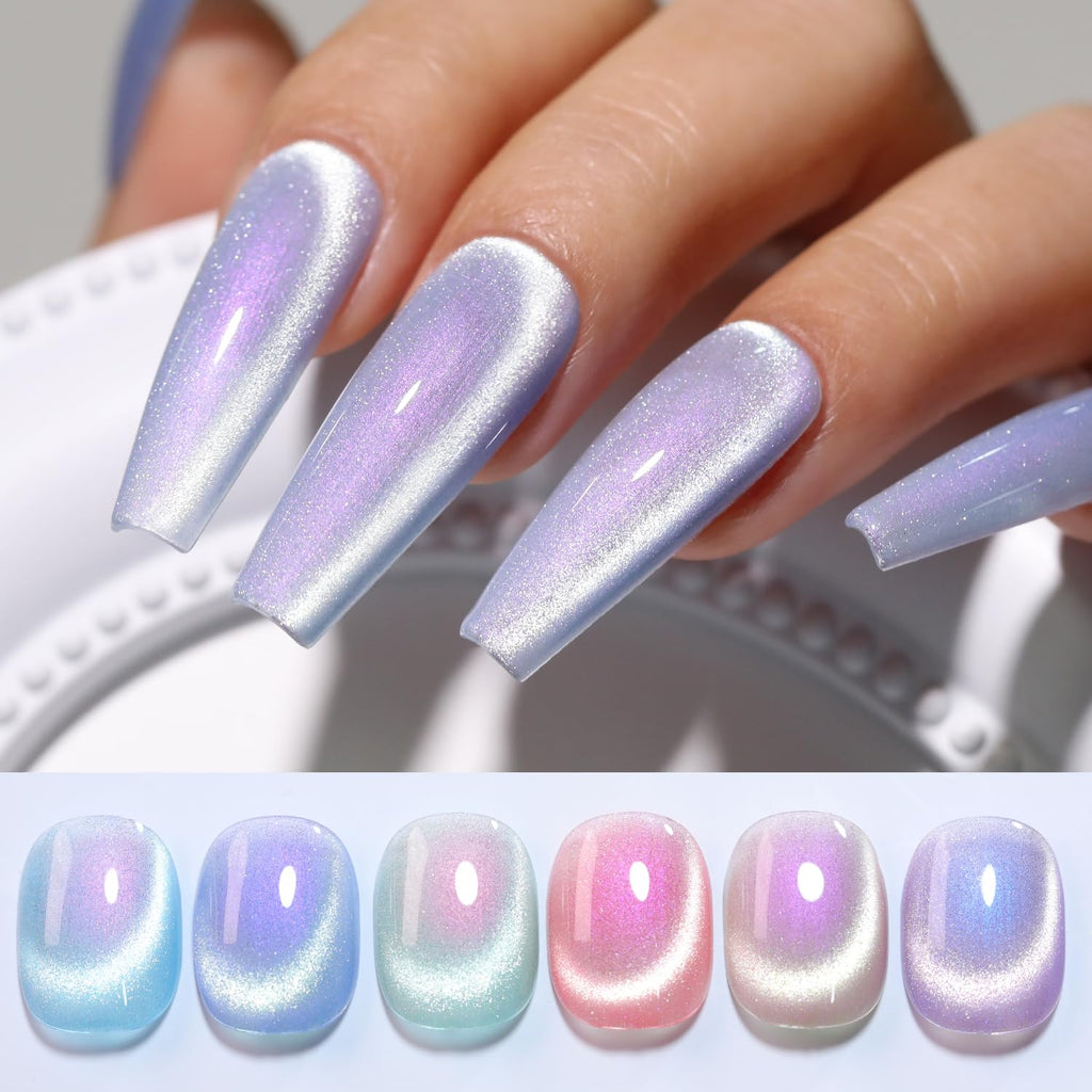 Double Rhythm Cat Eye Gel Polish Set – 6 Colors with Magnetic Holographic Finish