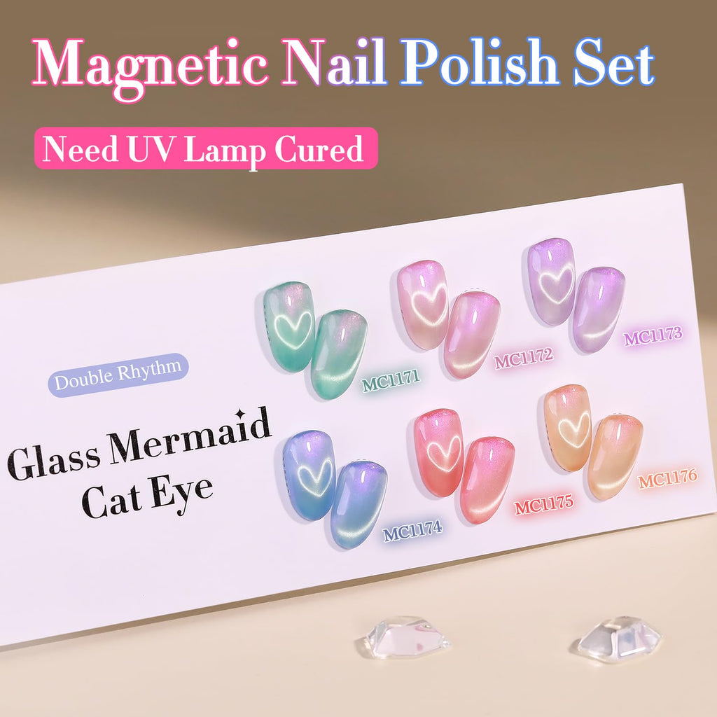 Double Rhythm Cat Eye Gel Nail Polish Set — Mermaid Pink Rose T6-31 (6x0.5 oz) Magnetic Glitter