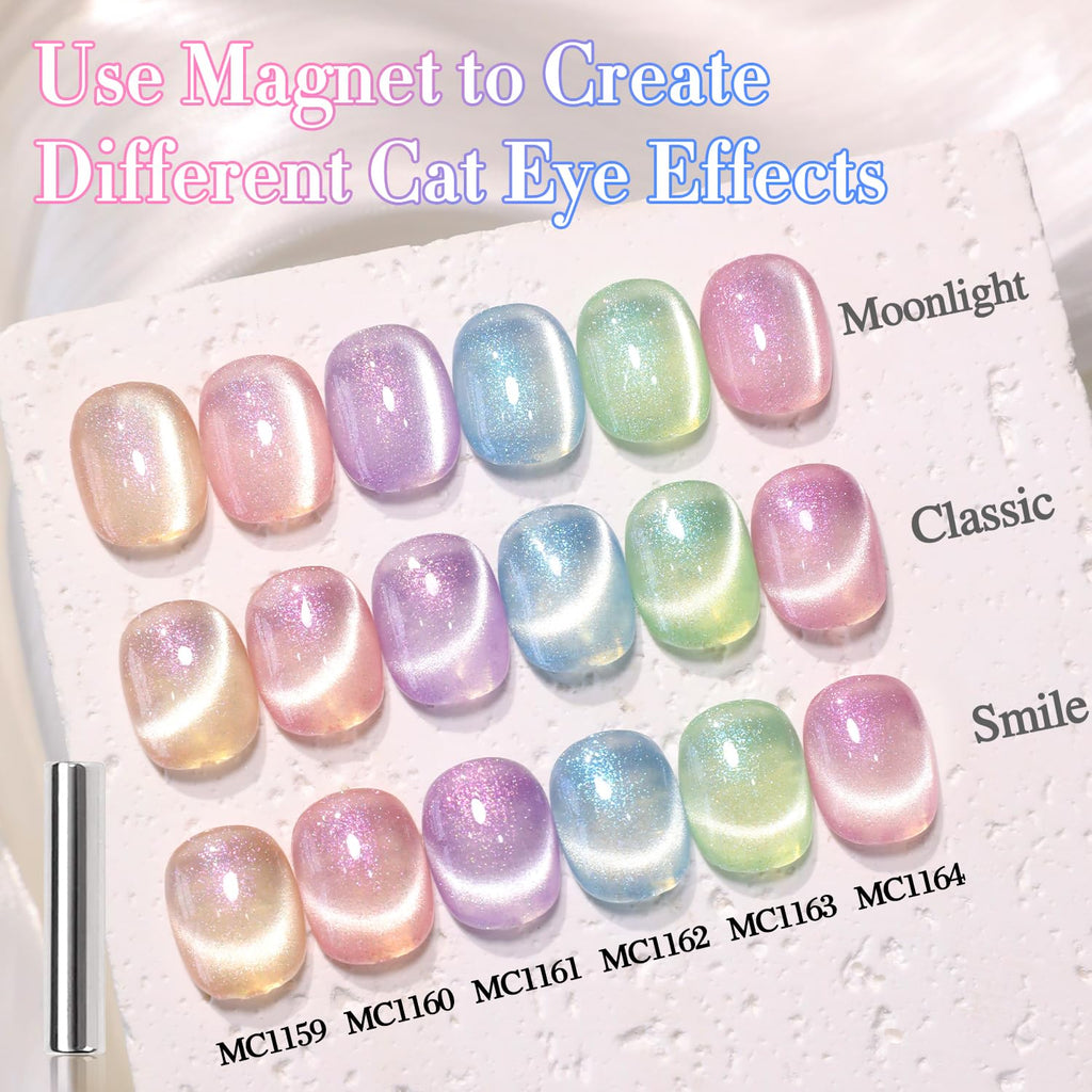 Double Rhythm Cat Eye Gel Nail Polish Set of 6 — Same Color, 0.5 oz Each, Magnetic Holographic Shine (T6-29)