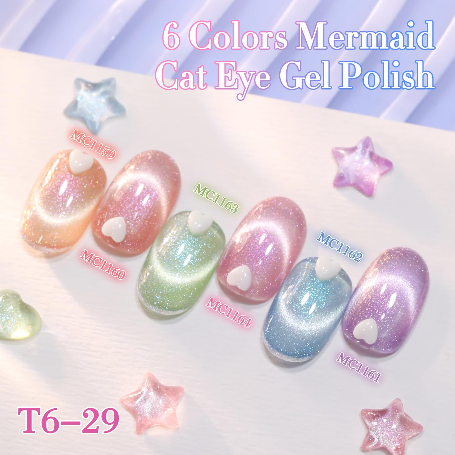 Double Rhythm Cat Eye Gel Nail Polish Set of 6 — Same Color, 0.5 oz Each, Magnetic Holographic Shine (T6-29)