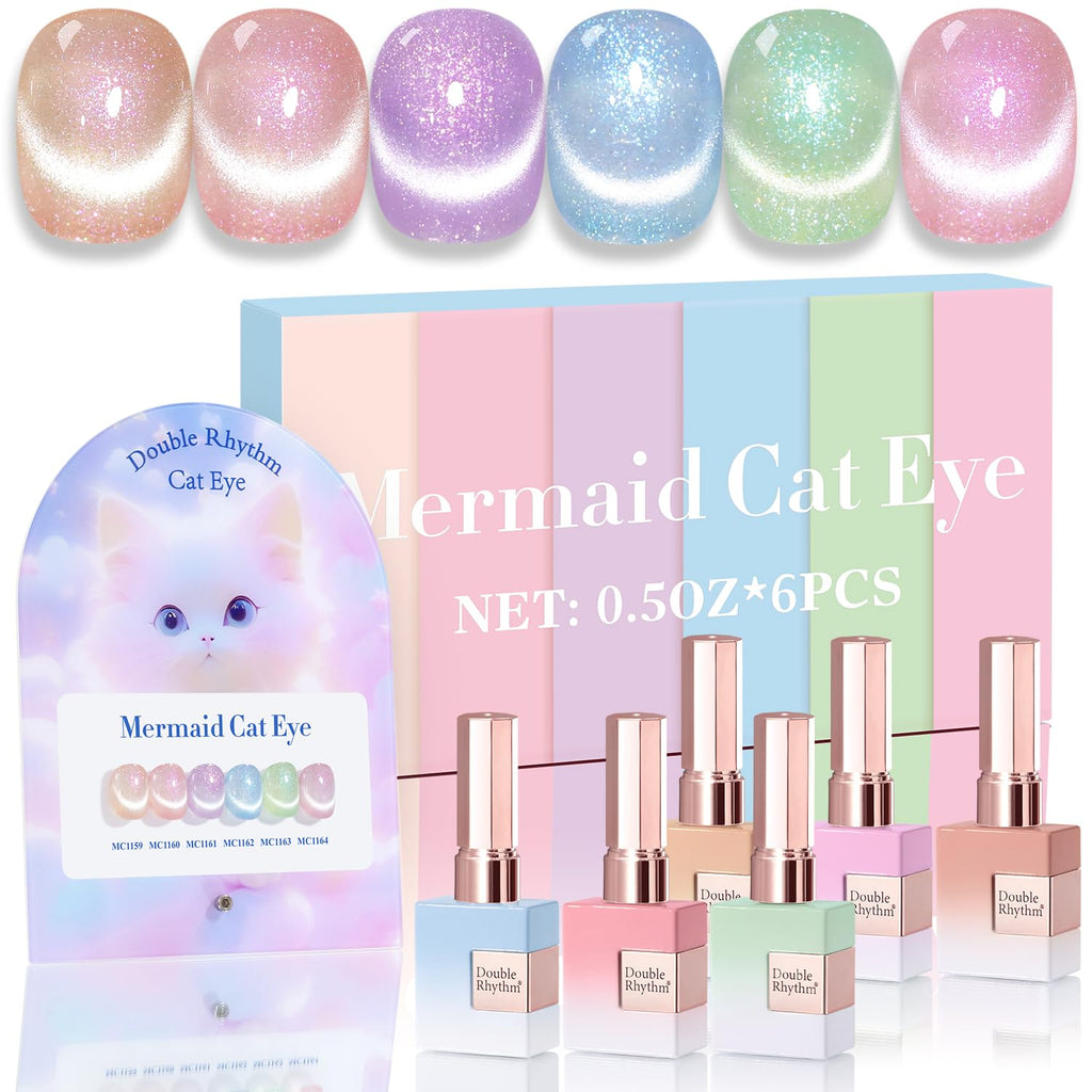 Double Rhythm Cat Eye Gel Nail Polish Set of 6 — Same Color, 0.5 oz Each, Magnetic Holographic Shine (T6-29)