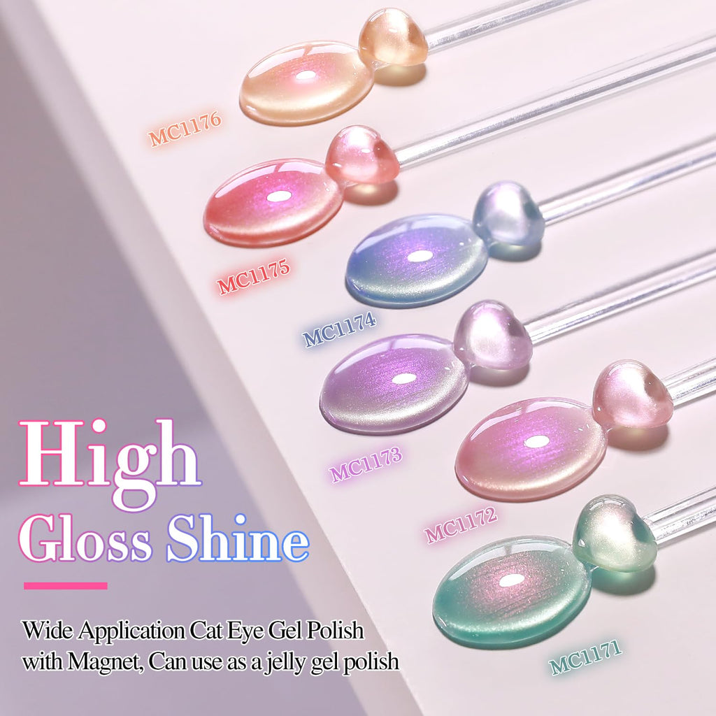 Double Rhythm Cat Eye Gel Nail Polish Set — Mermaid Pink Rose T6-31 (6x0.5 oz) Magnetic Glitter