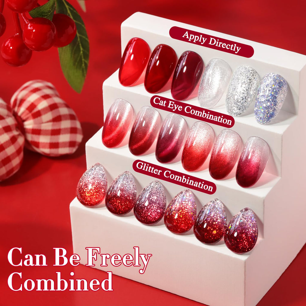 Double Rhythm 6 Pcs 15ml Gel Polish Set – Jelly Burgundy Red & Silver Glitter