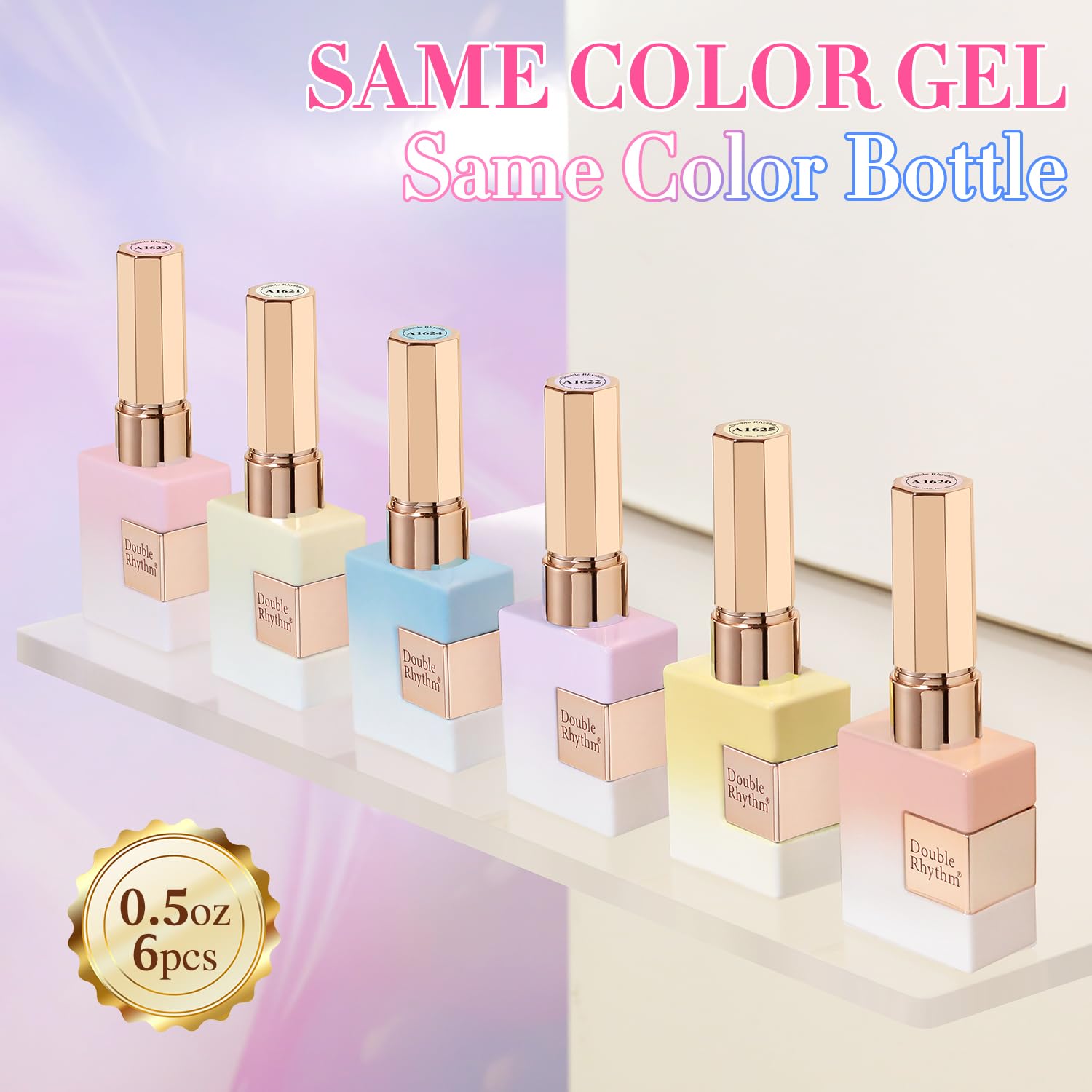 Double Rhythm 6 Pcs 15ml Gel Polish Set – Soak-Off Kit (Blue, Purple, Nude, Pink, Yellow, Beige)