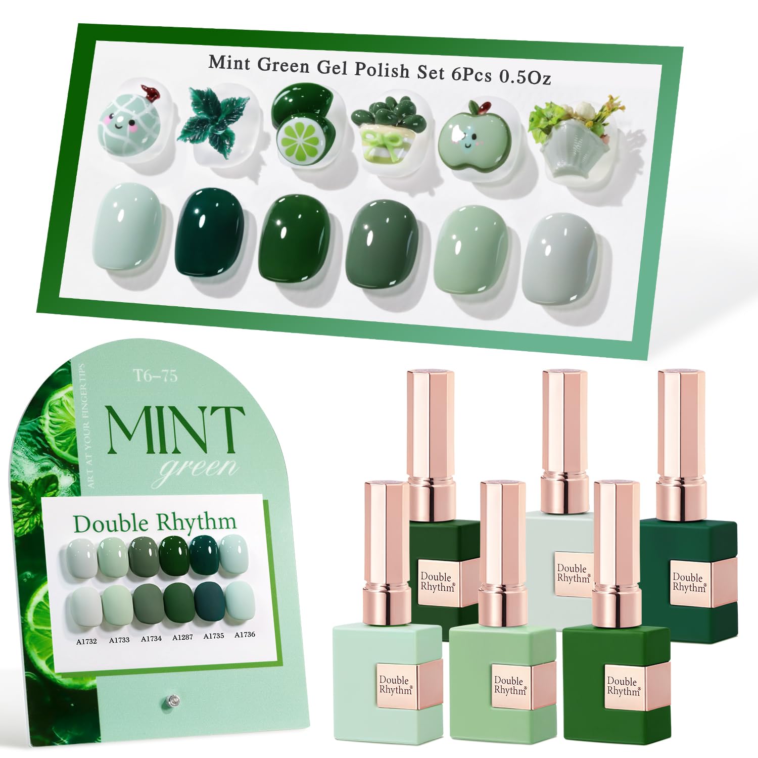 Double Rhythm 6-Pcs 15ml Gel Polish Set – Dark Mint Frost | Soak-Off Nail Kit