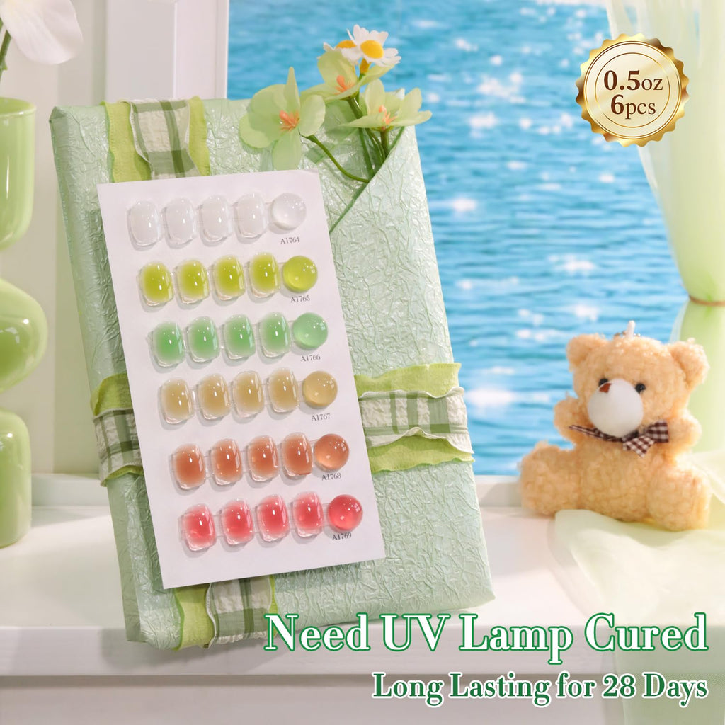 Double Rhythm 6 Pcs 15ml Gel Polish Set – Jelly White, Mint Green, Olive, Tea Brown, Rose, Red | Soak-Off Kit