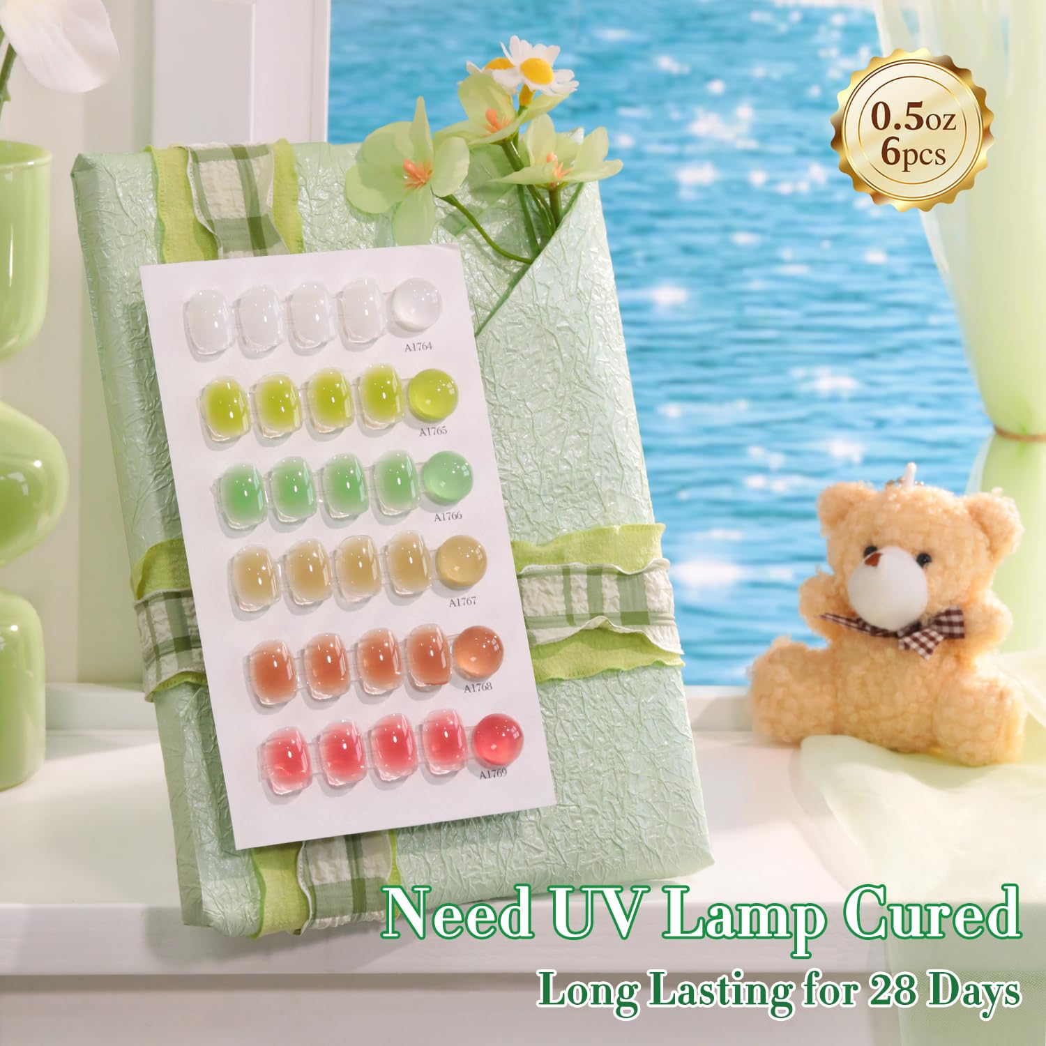 Double Rhythm 6 Pcs 15ml Gel Polish Set – Jelly White, Mint Green, Olive, Tea Brown, Rose, Red | Soak-Off Kit