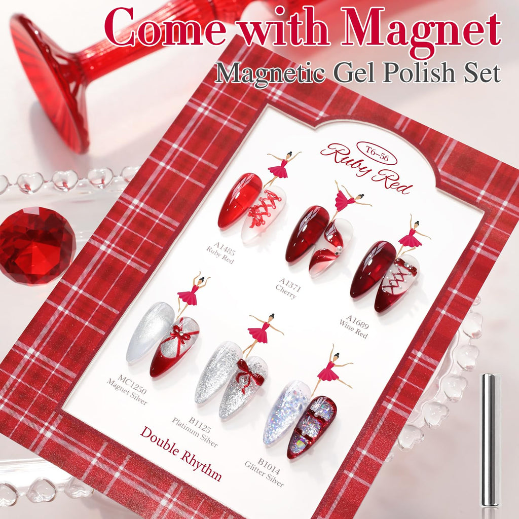 Double Rhythm 6 Pcs 15ml Gel Polish Set – Jelly Burgundy Red & Silver Glitter