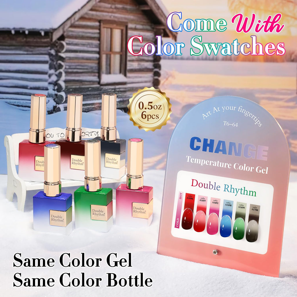 Double Rhythm 6 Pcs 15ml Gel Polish Set – Color-Changing Soak-Off Nail Kit for Home Manicures (Burgundy, Blue, Green, Pink, Purple)