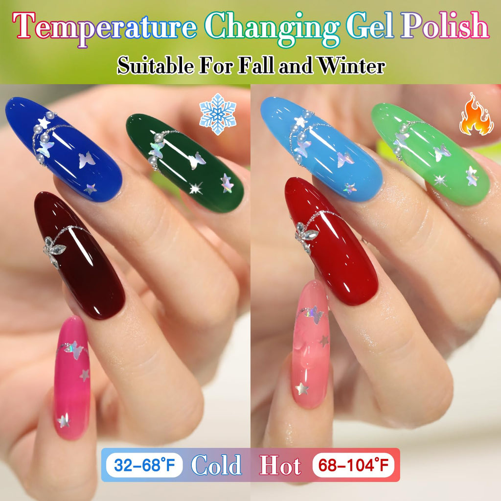 Double Rhythm 6 Pcs 15ml Gel Polish Set – Color-Changing Soak-Off Nail Kit for Home Manicures (Burgundy, Blue, Green, Pink, Purple)