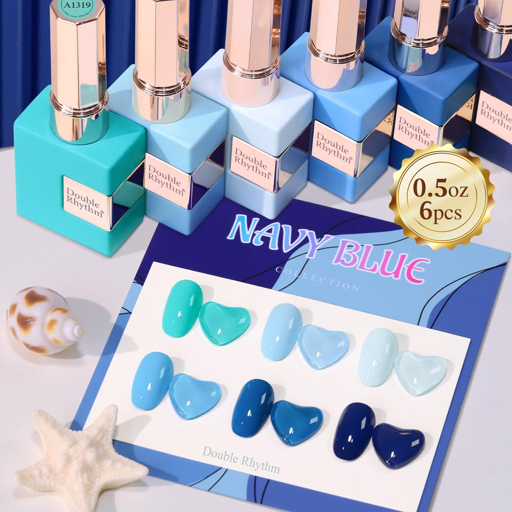 Double Rhythm 6-Pcs 15ml Gel Polish Set – Same Shade Soak-Off Kit for DIY Manicure (Light Blue / Navy / Teal)